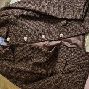 Oyrosy High-End  Brown Tweed Gold Button  Women's Jacket Blazer Sz M Nwt